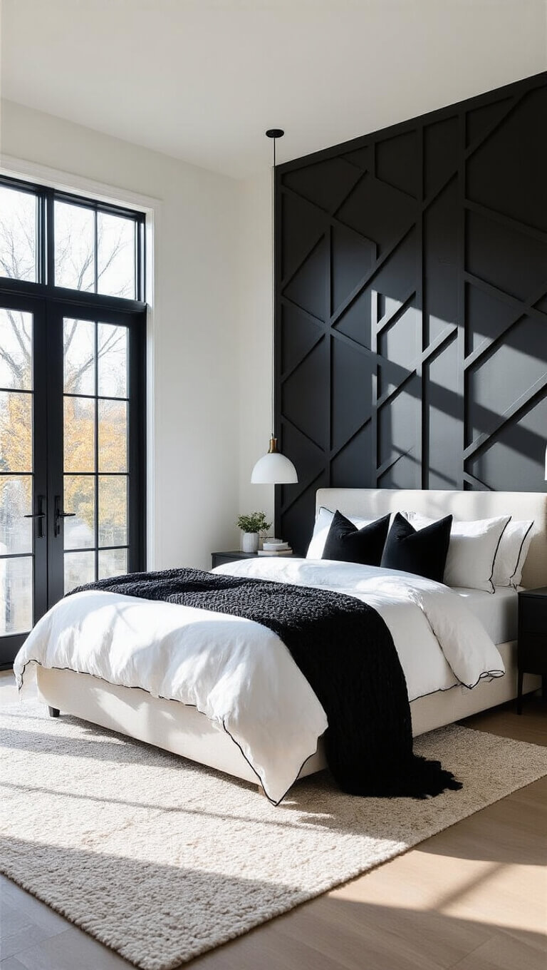 Low-angle view of a modern 12x14ft bedroom at golden hour, featuring a dramatic black and white geometric accent wall, minimalist platform bed with white bedding and black piping, floating matte black nightstands, and textured décor including a chunky knit throw and velvet pillows.