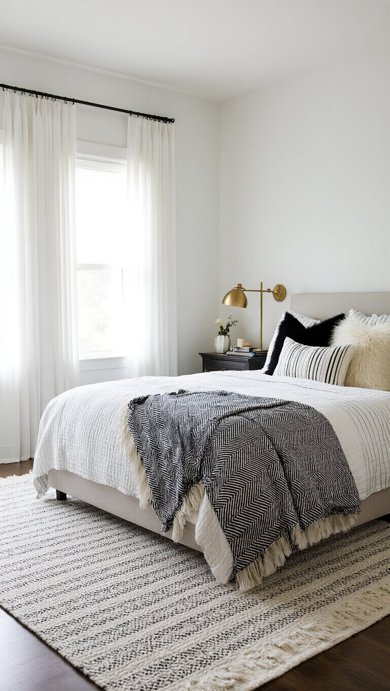 King-sized bed with layered black and white textiles, including herringbone throw and mongolian fur pillows, in soft morning light against dove white walls.