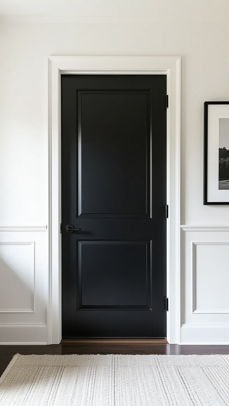 Centered matte black door in white room with grasscloth wallpaper, modern black hardware, and adjacent oversized black and white photograph.