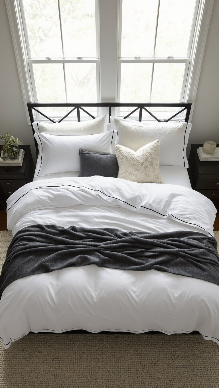 Overhead view of a queen bed with white Egyptian cotton sheets, black piping, charcoal cashmere throw, ivory bouclé pillows, and a black geometric metal frame in soft morning light.