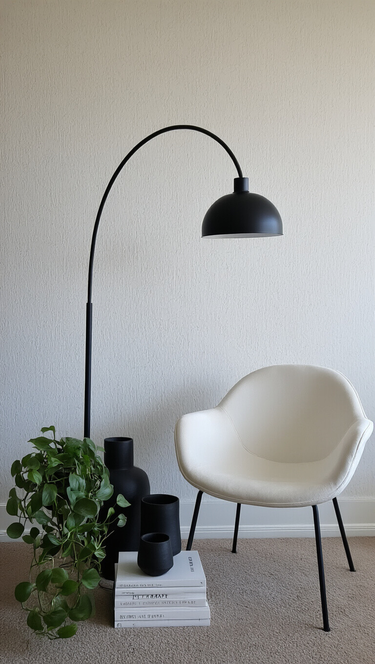 Modern corner vignette with white accent chair under black floor lamp, ceramic vessels, books, and pothos plant against textured white wallpaper during blue hour.