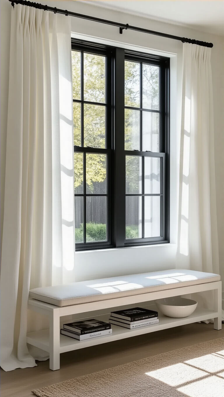 Wide-angle view of black-framed windows on a 15ft wall with white linen drapes, modern white bench below styled with photography books and a ceramic bowl in natural afternoon light.