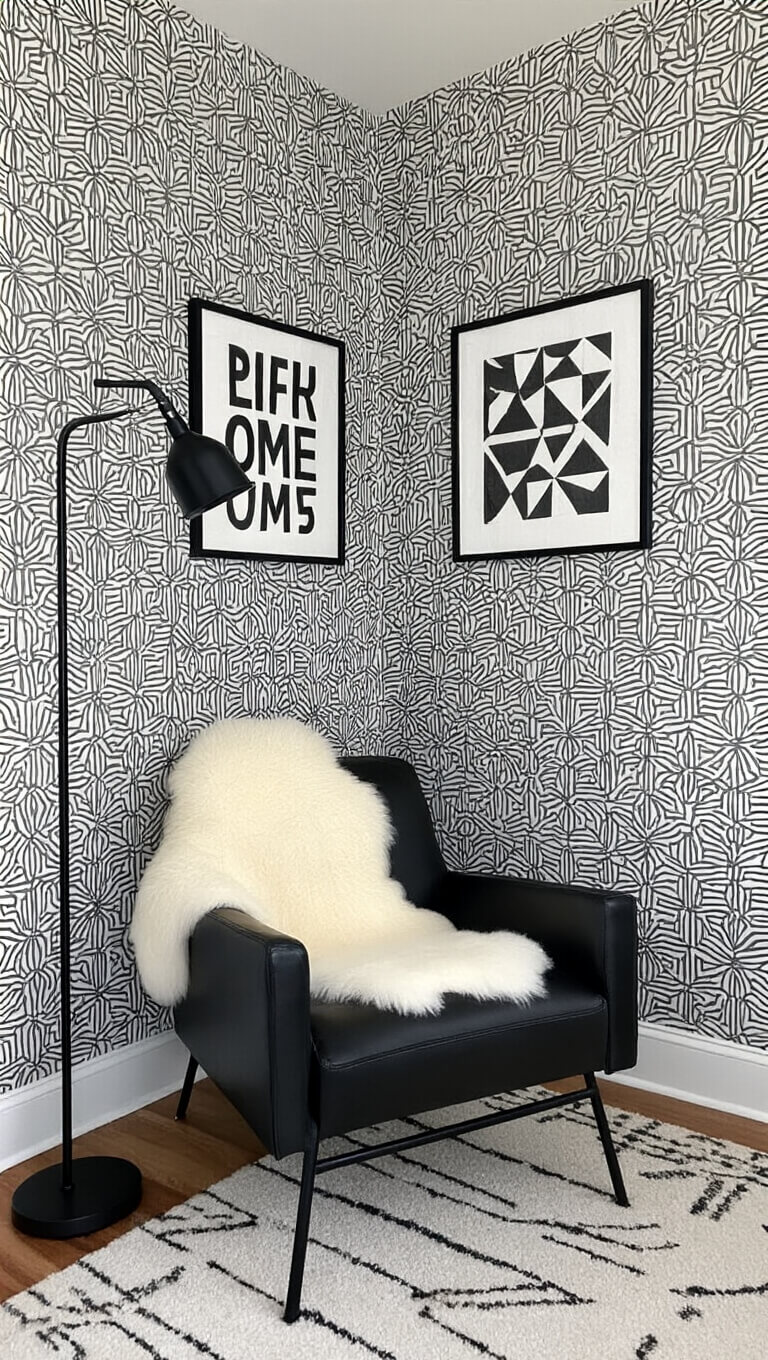 Modern reading nook with black and white geometric wallpaper, black leather chair and sheepskin throw, styled with graphic art and lit by a black floor lamp.