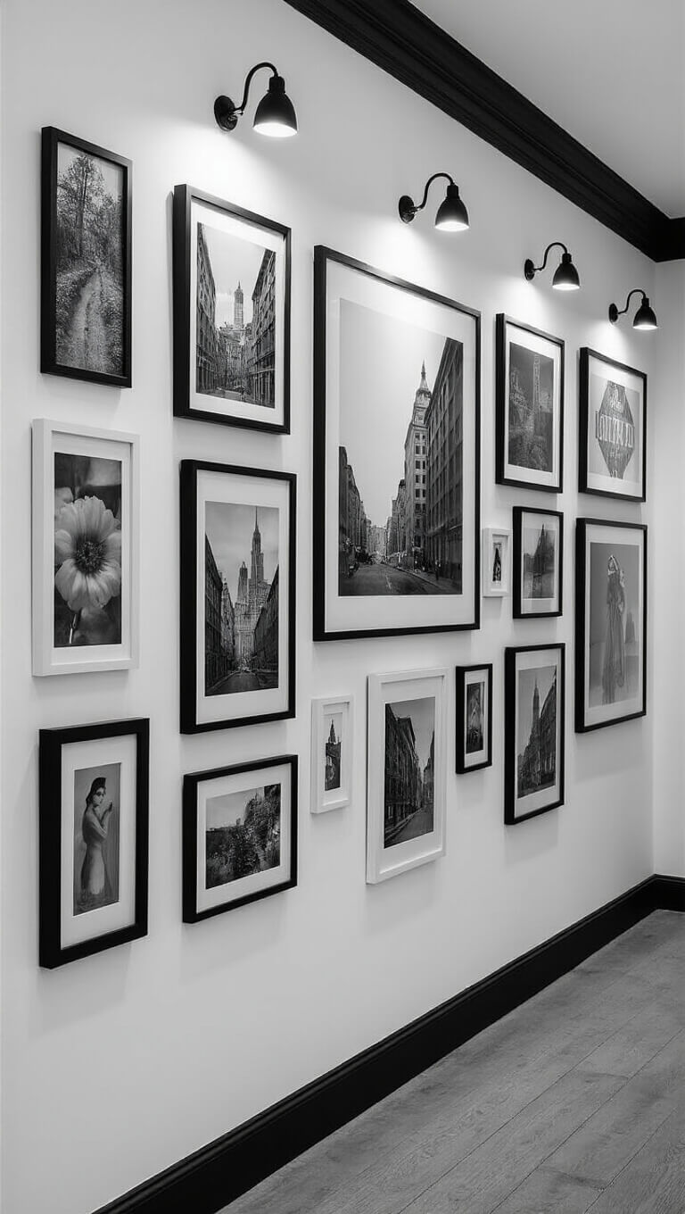 Monochrome gallery wall in dramatic hallway with black and white art in varied frames, lit by LED picture lights against white walls and black baseboards.