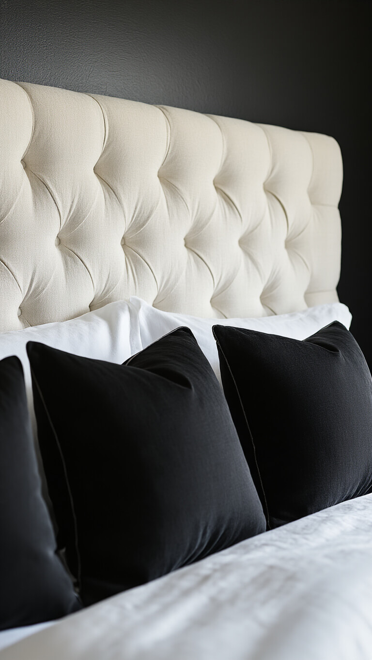 Close-up of a channel-tufted white headboard with textured fabric, styled with crisp white linens and black silk pillows, against a black wall with soft side lighting.