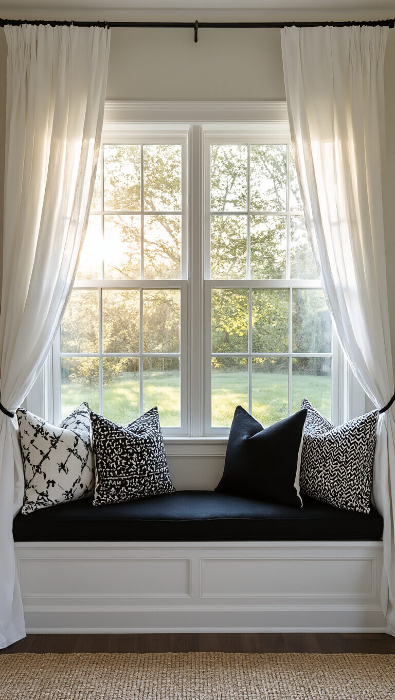 Built-in window seat with black cushions, white frame, black-and-white patterned pillows, and sheer curtains glowing in golden hour light.