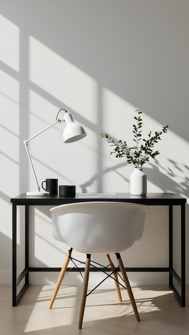 Minimal black desk against white wall with white lamp, chair, black accessories, and white vase with greenery in morning light.