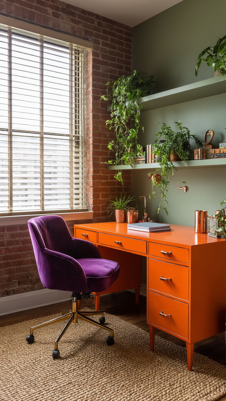 Eclectic home office with exposed brick walls, golden hour light through venetian blinds, orange lacquered desk with deep purple velvet chair, sage green built-in shelves, jute rug, copper accessories, and trailing plants.