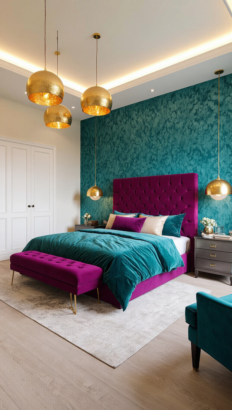 Luxurious master bedroom with teal silk walls, magenta tufted headboard, gold accents, and layered velvet and silk bedding, viewed from doorway.