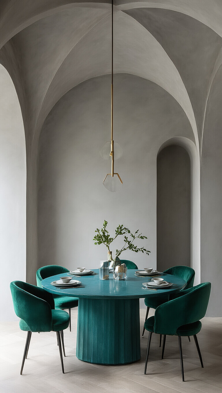 Minimalist dining room with graystone walls, teal dining table, emerald green velvet chairs, architectural archways, and modern table settings in mid-morning diffused light.