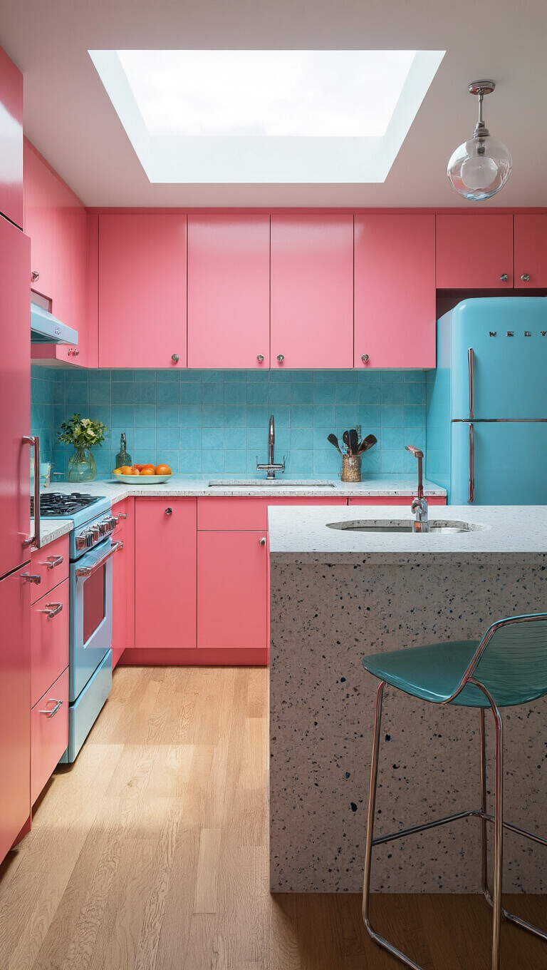 High overhead view of a 14x16 retro-modern kitchen with electric pink cabinets, azure tile backsplash, powder blue appliances, a terrazzo waterfall island, and daylight streaming from a skylight above.