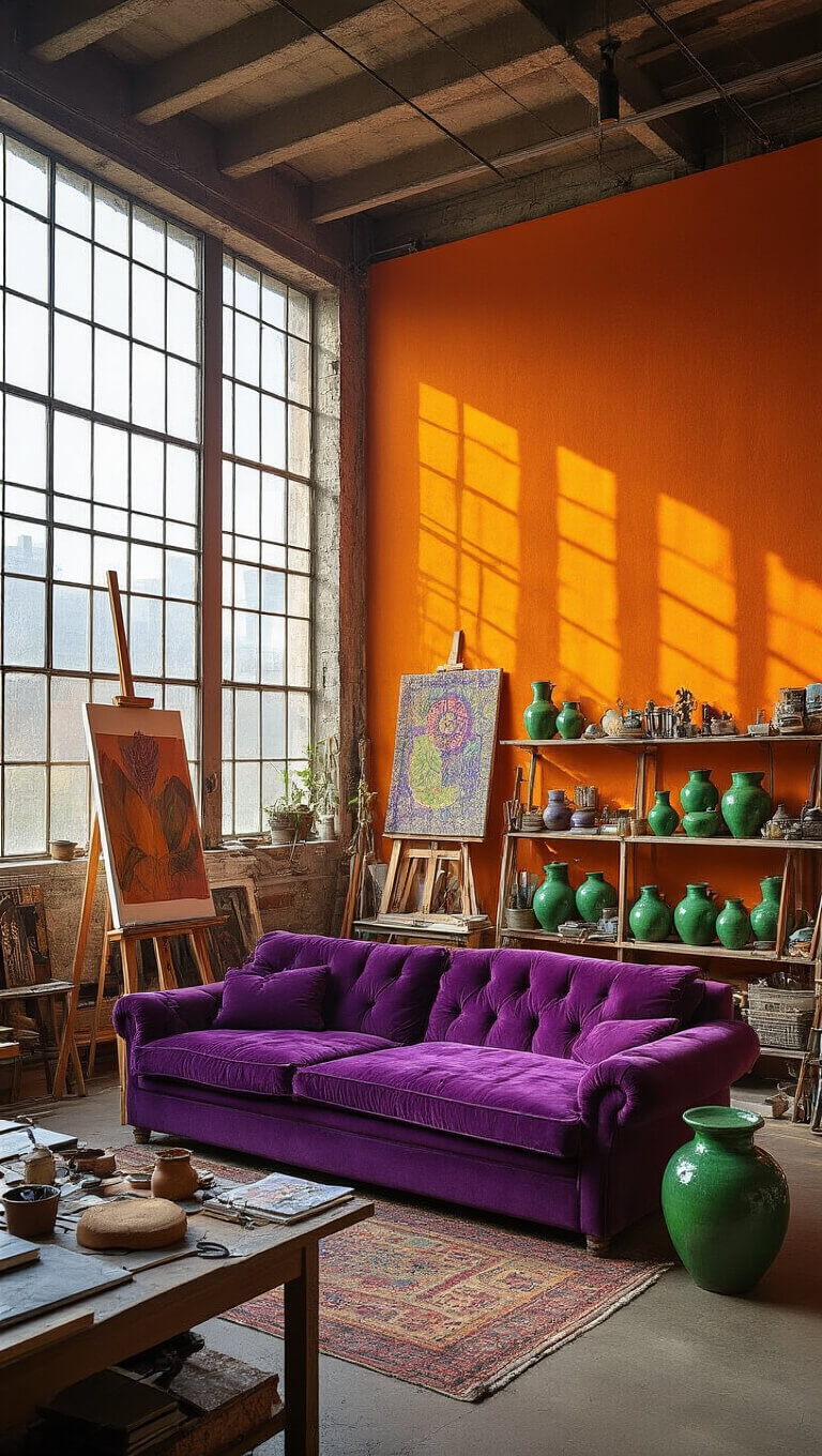 Bohemian artist's studio with purple velvet seating, orange canvas wall, green pottery on shelves, and sunlit industrial windows, viewed from above.
