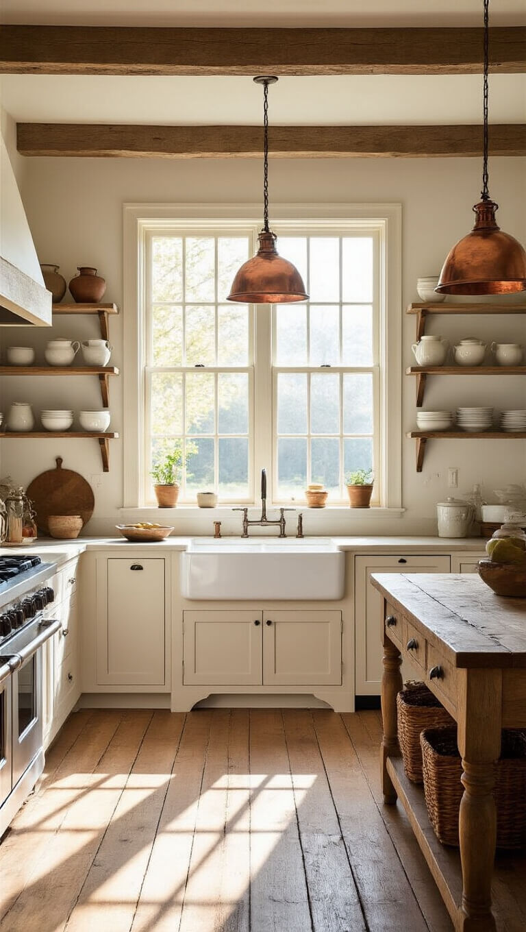 Warm farmhouse kitchen with reclaimed oak floors, a pine island, apron sink under casement windows, and vintage copper lighting.
