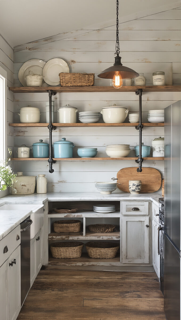 Cozy 10x12ft kitchen corner with distressed dove gray shiplap, open industrial pipe shelving, vintage enamelware, marble countertops, and warm Edison bulb lighting at golden hour.