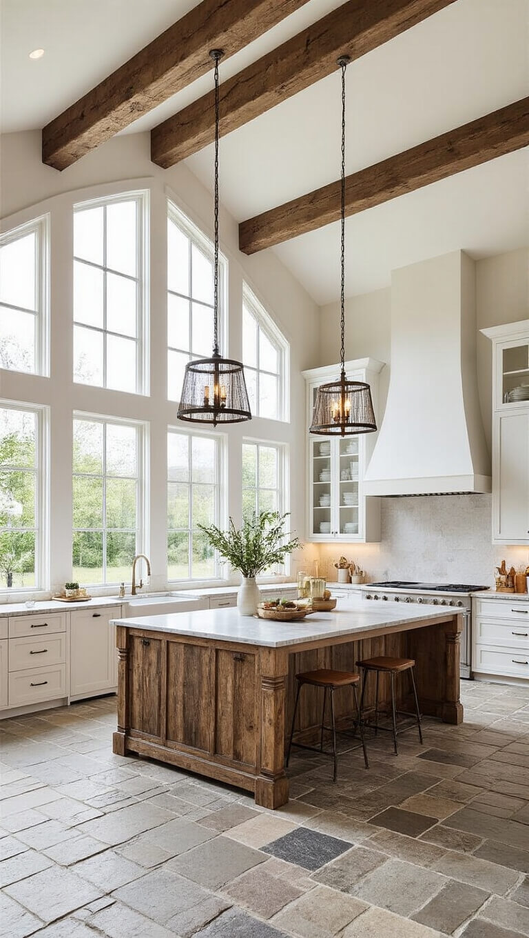 Spacious open-concept kitchen with cathedral ceiling and rustic wooden trusses, centered around a large marble-topped island with reclaimed timber base, white shaker cabinets, industrial brass pendants, and slate stone flooring.