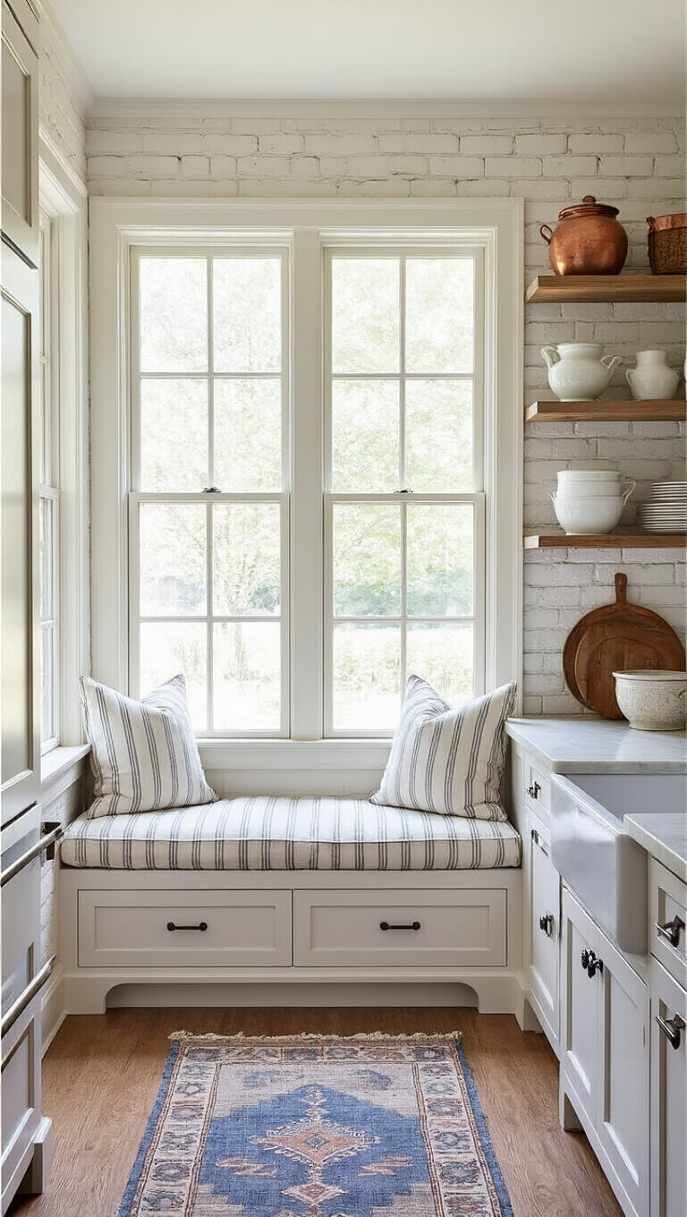Cozy kitchen breakfast nook with striped cushioned window seat under multi-pane windows, open wood shelves displaying white ironstone and copper, and painted brick walls in warm white.