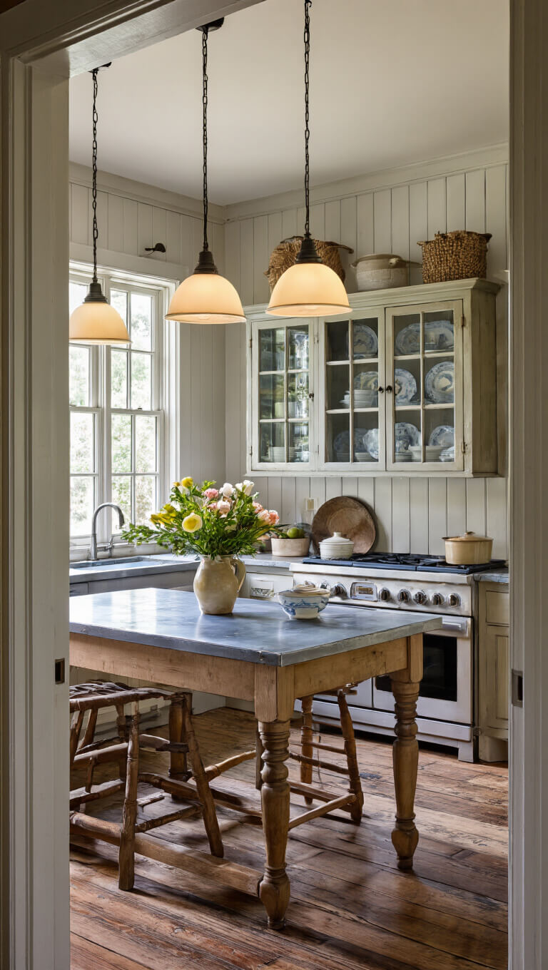 Cozy dusk-lit kitchen with zinc-topped island, glass-front hutch, pine floors, and fresh flowers in pottery vase.