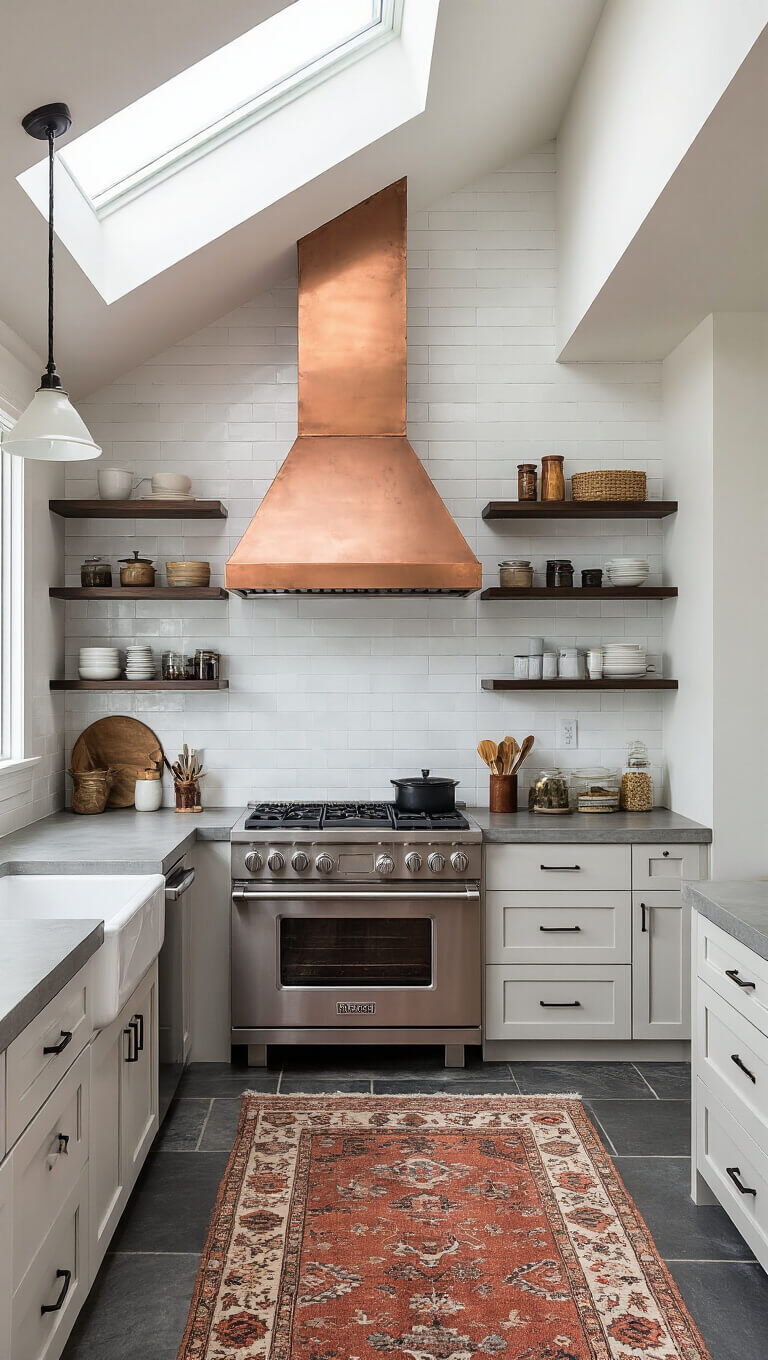 Modern 14x18ft kitchen with commercial range, copper hood, concrete counters, white oak Shaker cabinets, blackened steel shelves, vintage rugs on slate floor, and morning light from skylights.