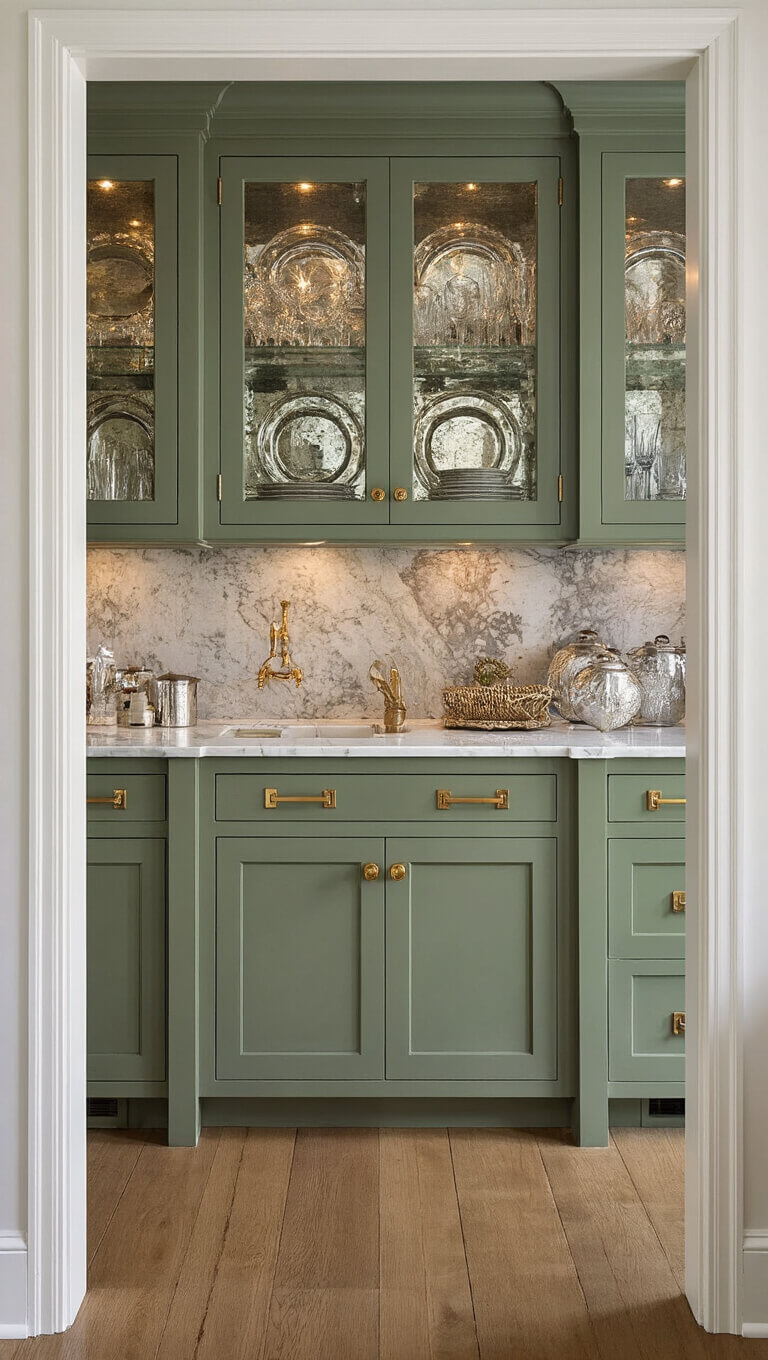 Butler's pantry with sage green cabinets, marble counters, and brass accents, viewed through doorway with dramatic lighting.