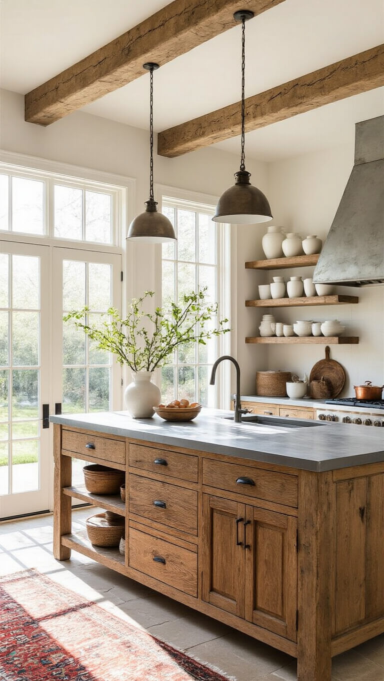 Bright, sunlit kitchen with French doors, large reclaimed oak island with zinc top, open steel shelves displaying white pottery and copper, exposed white ceiling joists, Persian runner on limestone floor.