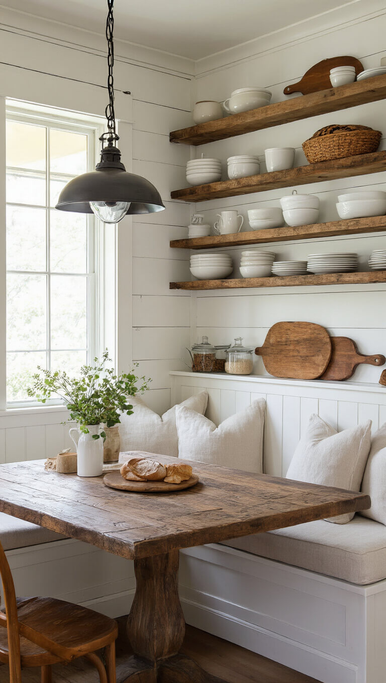 Cozy 10x12ft breakfast nook with cream linen banquette, worn reclaimed wood table, iron and glass pendant, open shelves with dishes and bread boards, viewed from table height in soft natural light.