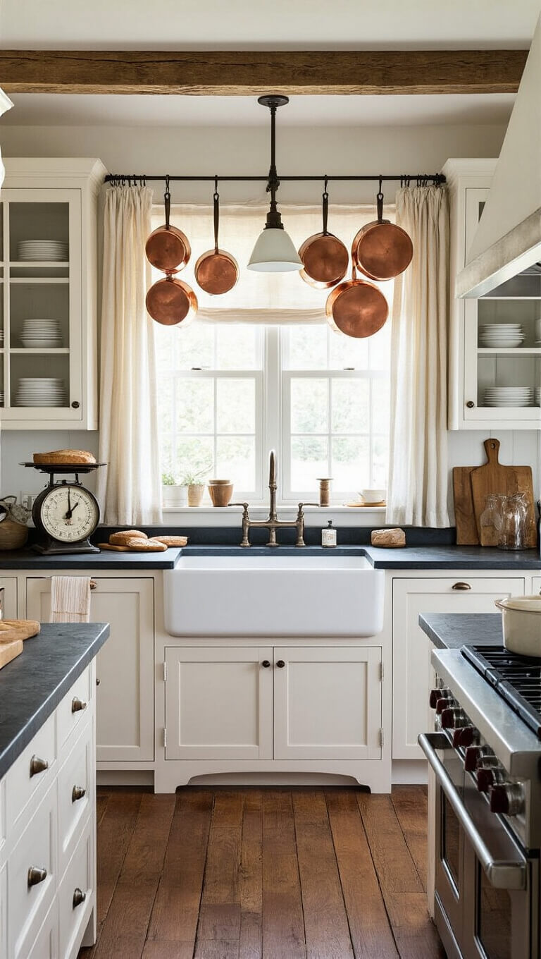 Late afternoon kitchen with soapstone counters, white cabinets, copper pots over island, farmhouse sink, and golden light through linen curtains.