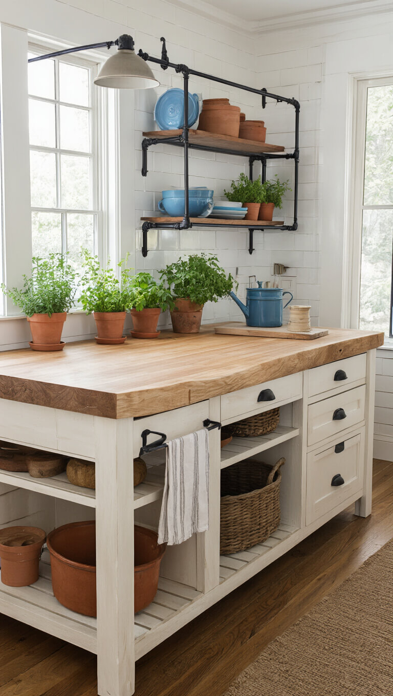 Early evening kitchen with white oak island and live edge top, black iron pipe shelving, vintage blue enamelware, and terracotta herb pots on windowsill.