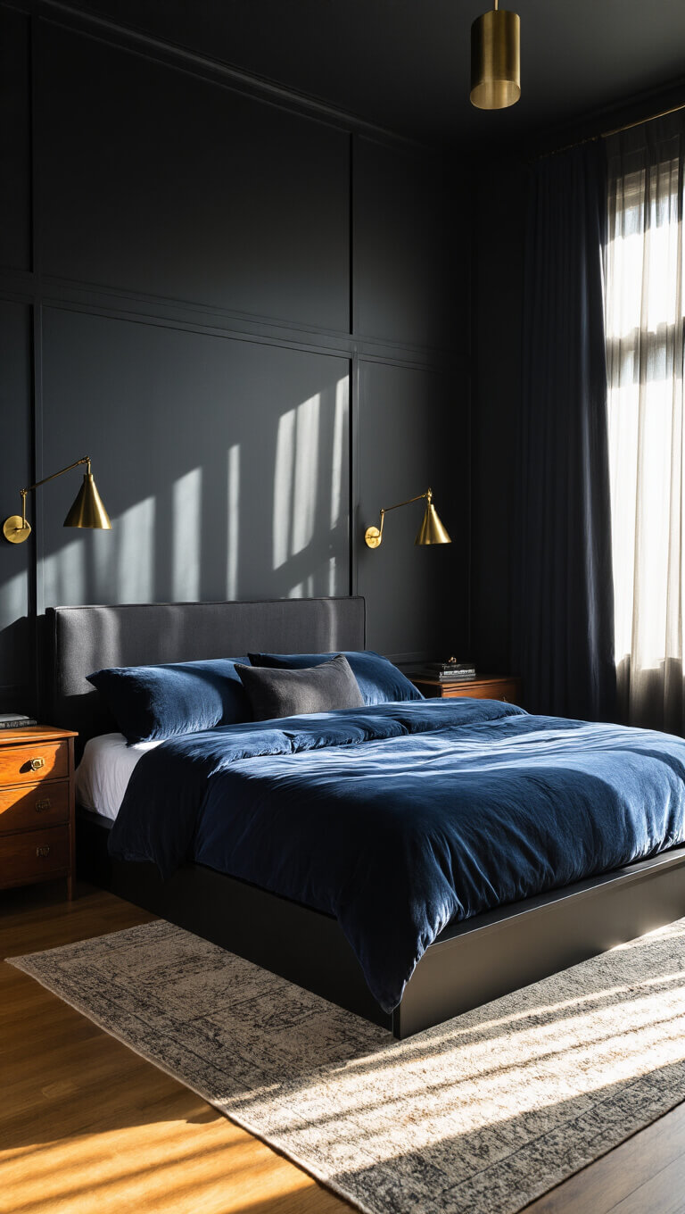 Moody bedroom with charcoal walls, golden hour light through sheer curtains, king-size bed in dark linens, brass sconces, vintage oak dresser, and dramatic shadows.