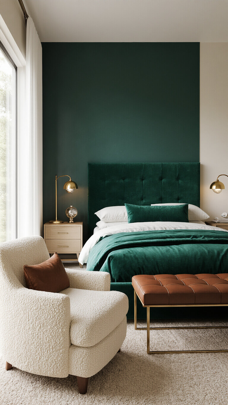 Elegant 12x14ft bedroom with emerald velvet headboard, forest green accent wall, cream bouclé chair, layered lighting, and rich textured furnishings.