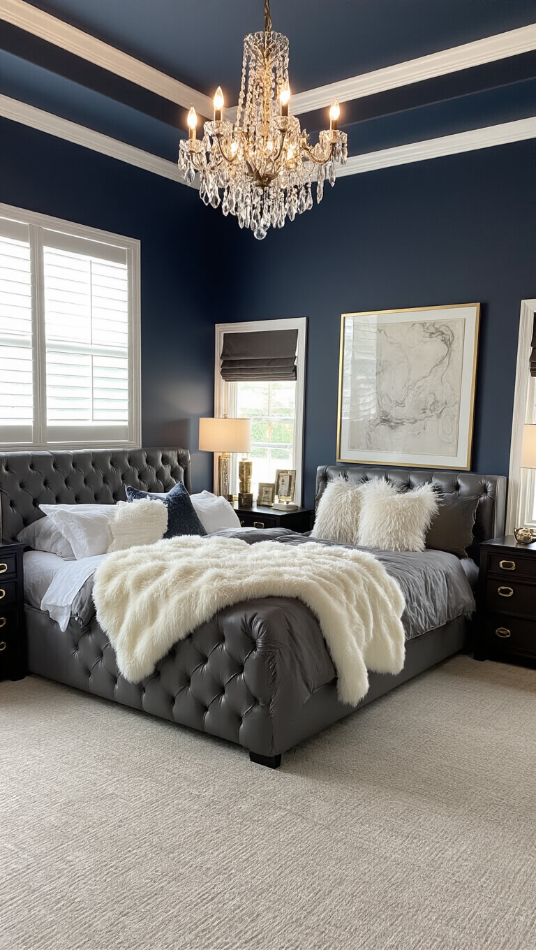 Luxury primary bedroom with tufted slate gray leather bed, ivory throws, crystal chandelier, and dark walnut nightstands under a deep navy tray ceiling.