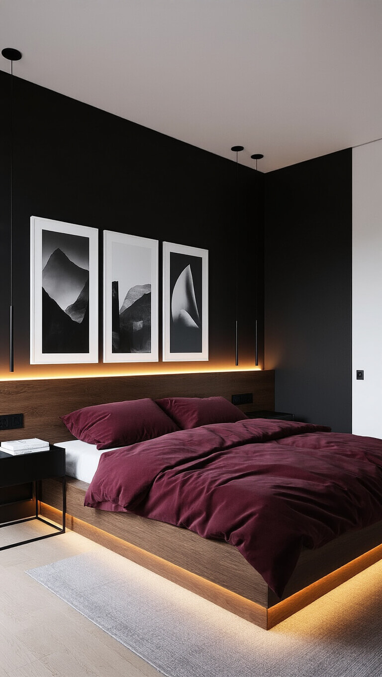 Modern 15x15ft bedroom with matte black walls, white trim, burgundy bedding, warm LED lighting, abstract photo gallery, and minimalist decor.