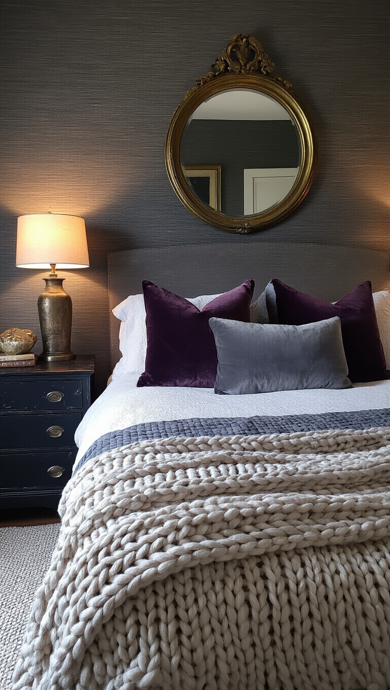 Cozy 12x12ft bedroom with charcoal grasscloth walls, queen bed layered in knit throws and velvet pillows, soft lamp lighting, vintage brass mirror over black dresser, moody evening ambiance.