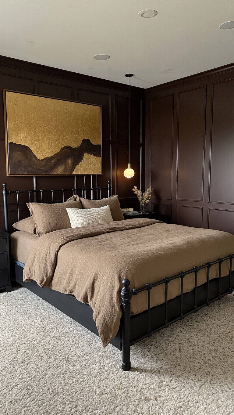 Luxurious 18x20ft designer bedroom with dark paneled walls, California king iron bed with earth-tone linen, abstract artwork, marble nightstands, and ambient morning light.