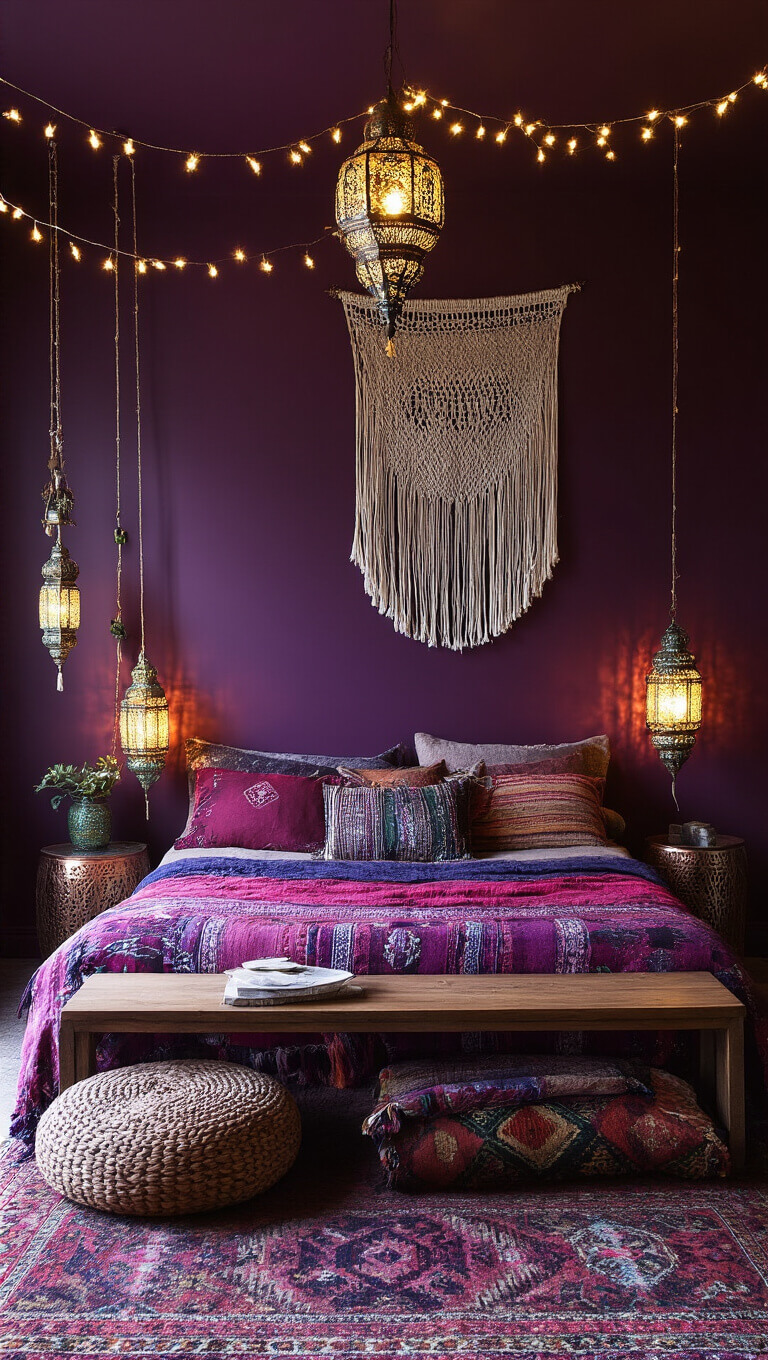 Bohemian dark bedroom with deep aubergine walls, glowing string lights and Moroccan lanterns, low platform bed layered in jewel-toned vintage textiles, macramé wall hanging, copper side tables, and eclectic global patterns.