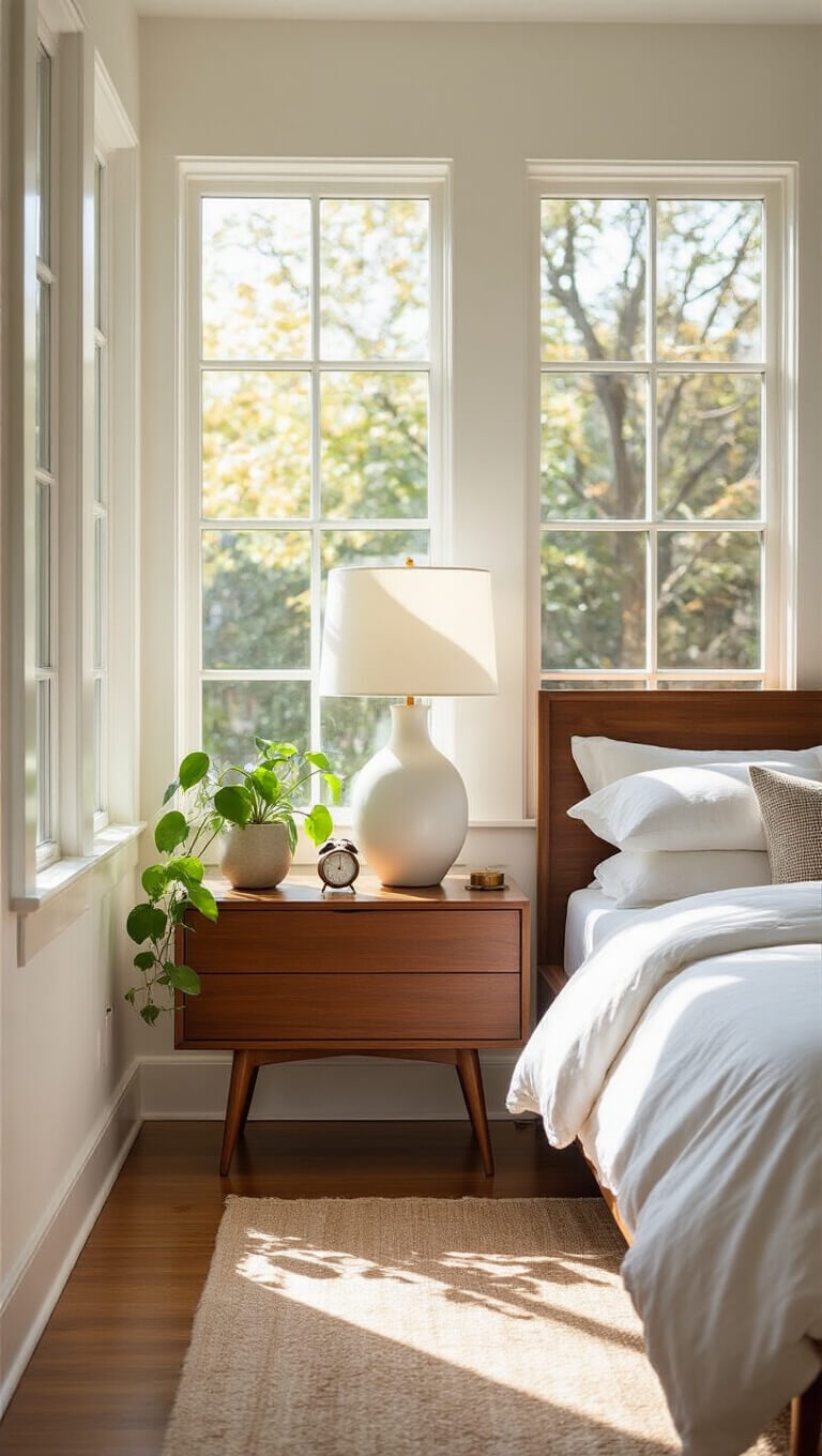 Sunlit minimal master bedroom with mid-century walnut nightstand, white platform bed, ceramic lamp, brass clock, and trailing pothos plant on warm oak flooring.