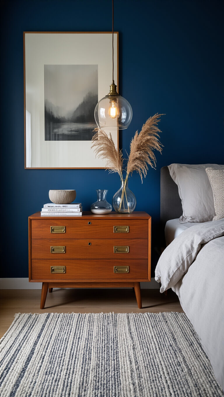 High-angle twilight shot of a cozy 12x14ft bedroom with deep blue walls, featuring a vintage teak nightstand under a glowing Scandinavian glass pendant light, adorned with art books, a ceramic vase with pampas grass, and a ribbed glass carafe.