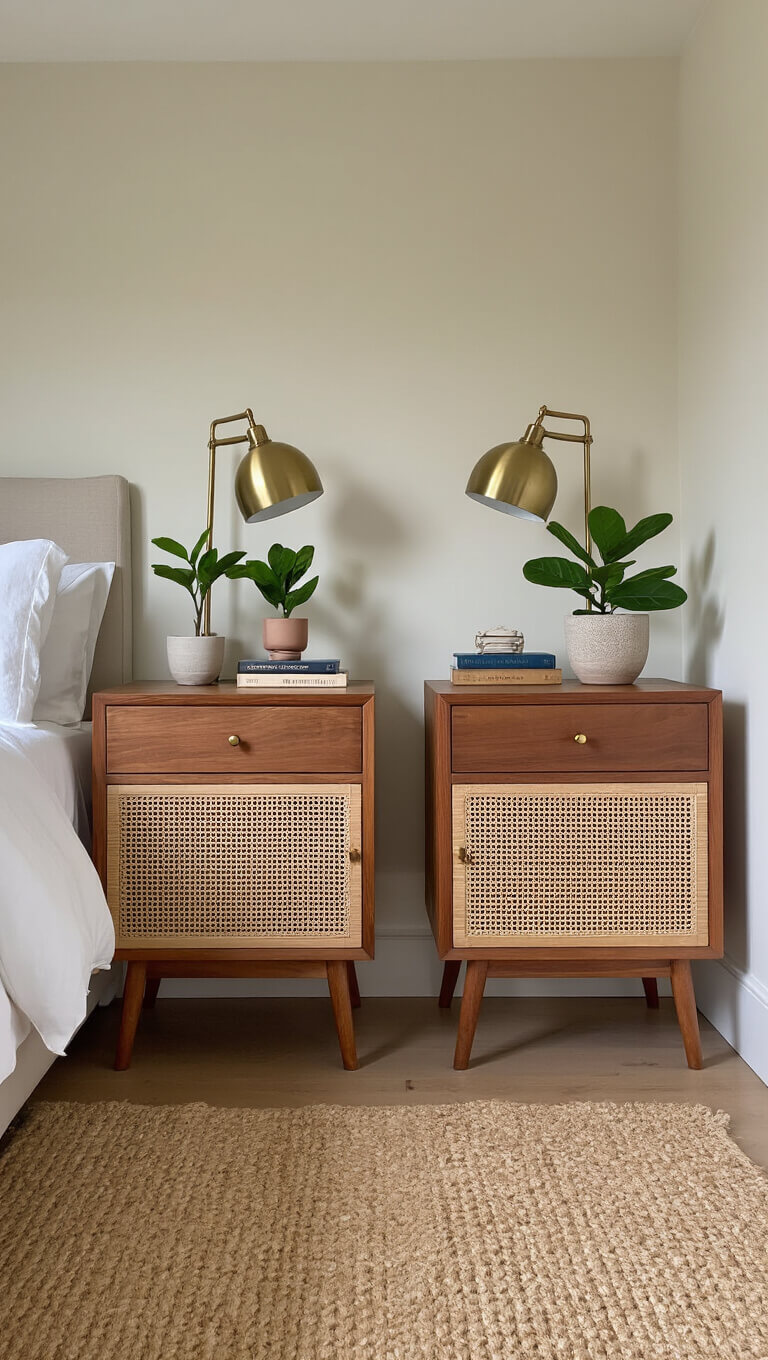 Symmetrical guest bedroom with queen bed, mid-century walnut nightstands, brass dome lamps, fiddle leaf figs, vintage books, cream walls, and jute rug in natural afternoon light.