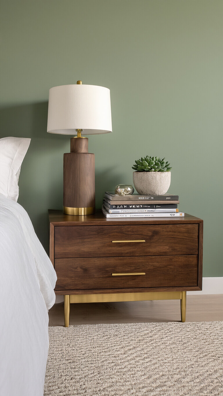 Wide-angle view of a mid-century dark acacia nightstand with brass-capped legs, styled with a modernist lamp, succulents, and design magazines against a sage green accent wall in golden morning light.