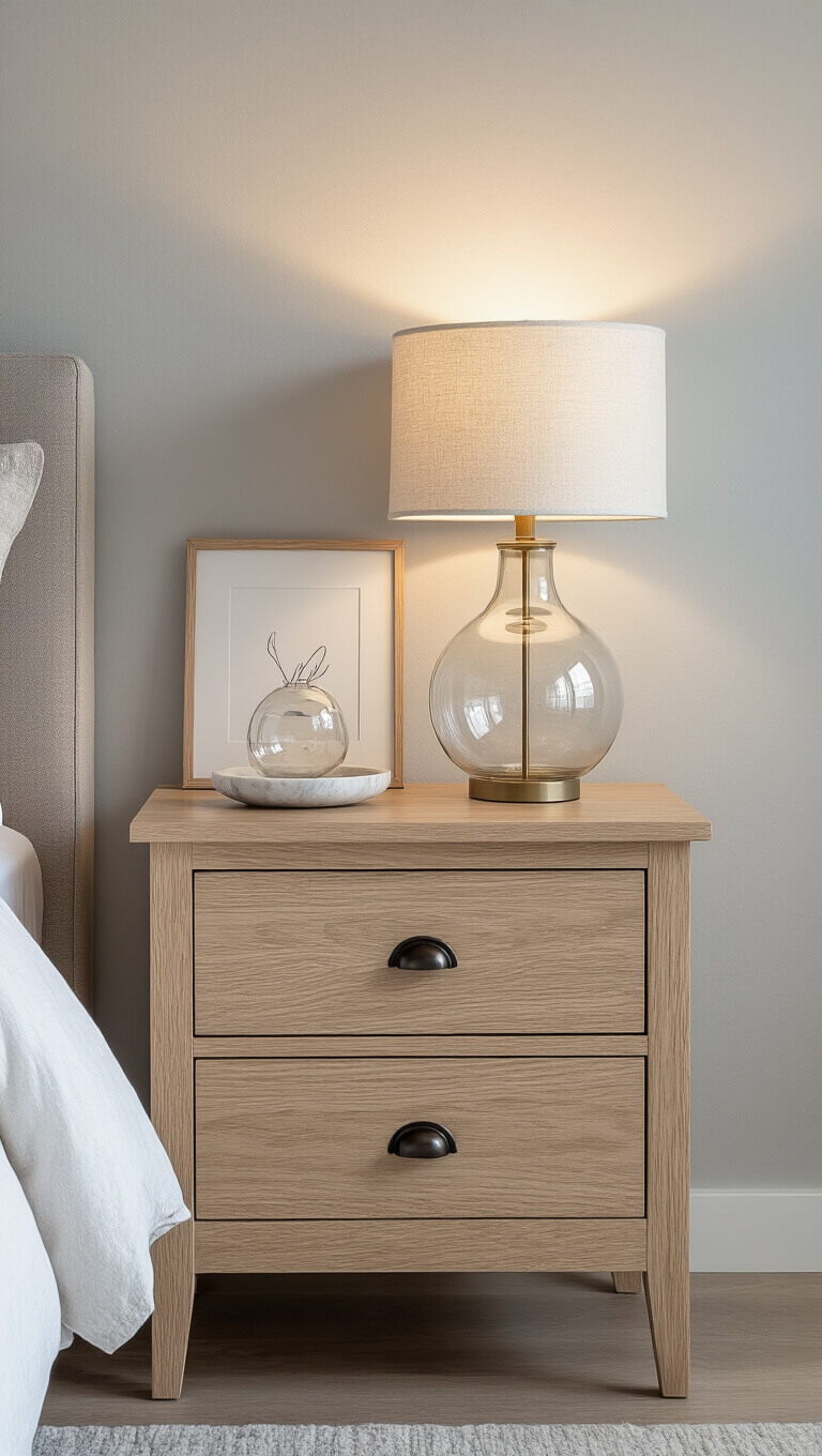 Close-up of light oak nightstand with drawer, styled with bubble glass lamp, marble dish, and art print against gray wall in softly lit bedroom.
