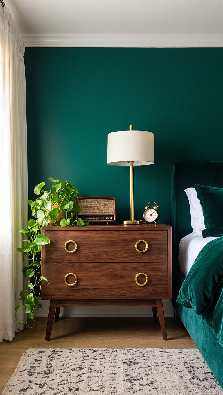 Moody dusk shot of a luxe maximalist bedroom with a walnut Poly & Bark nightstand, brass accents, modern lamp, vintage radio, and pothos plant against emerald walls and velvet bedding.