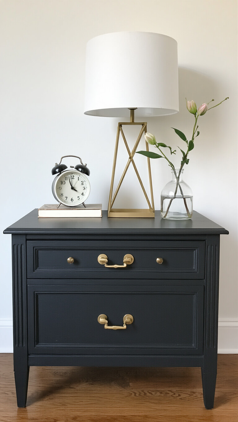 Matte black DIY nightstand with brass hardware, styled minimally with lamp, alarm clock, and bud vase, in sunlit room with white walls.