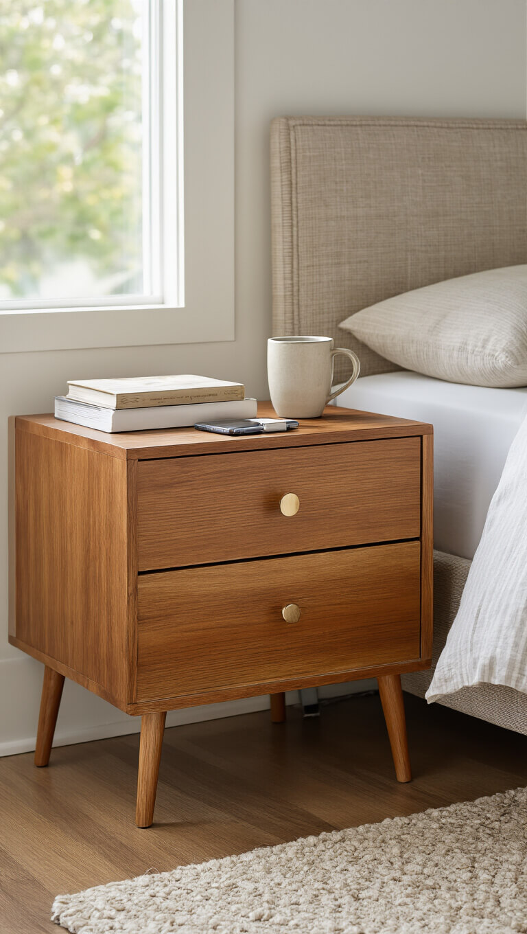 Mid-century modern nightstand in warm acacia finish beside bed, styled with novels, ceramic mug, and charging station in bright, inviting bedroom.