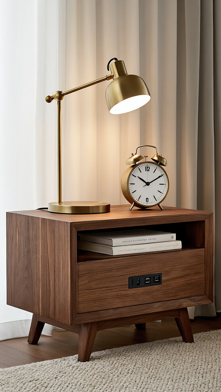 Close-up evening shot of walnut West Elm nightstand with brass accents, USB ports, architect lamp, modernist clock, and stacked art books.