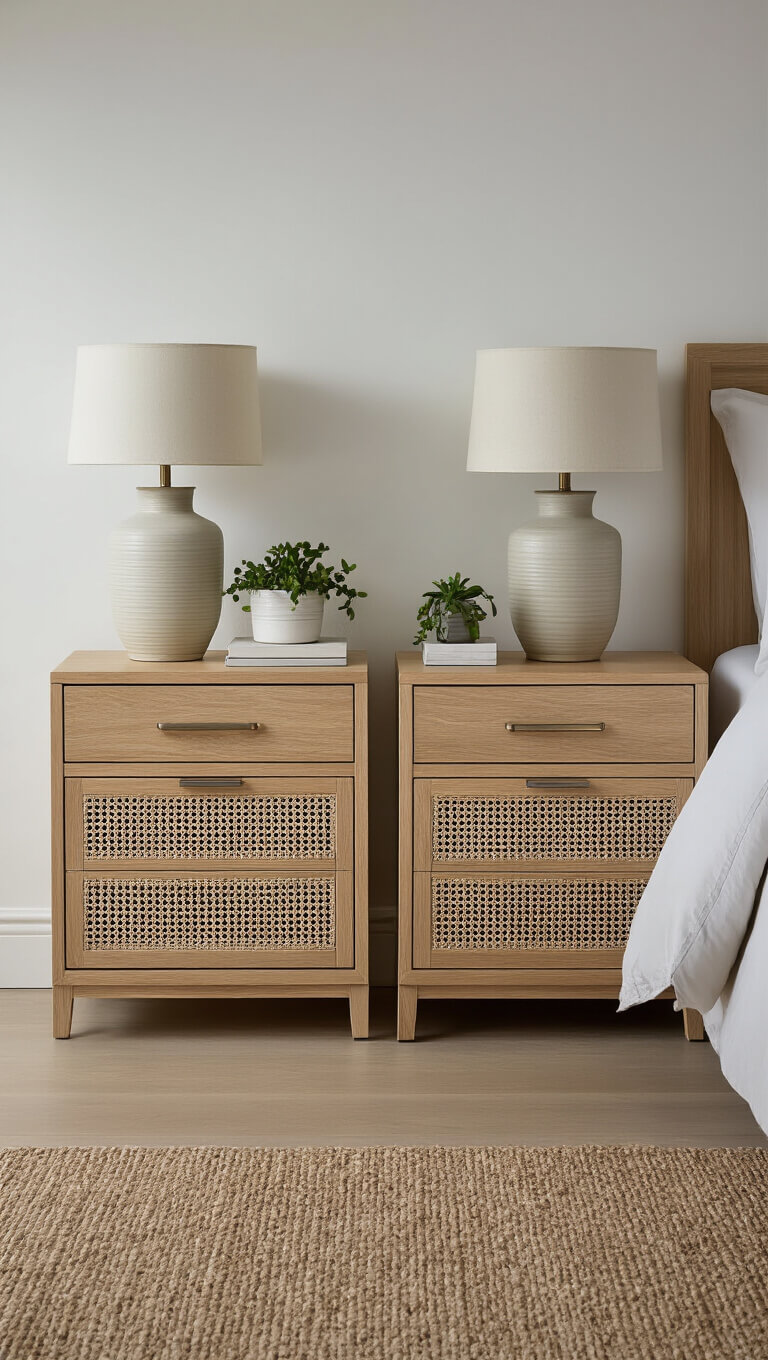 Symmetrical corner bedroom with matching light oak nightstands, rattan drawer fronts, ceramic lamps, and plants, lit by natural side light.