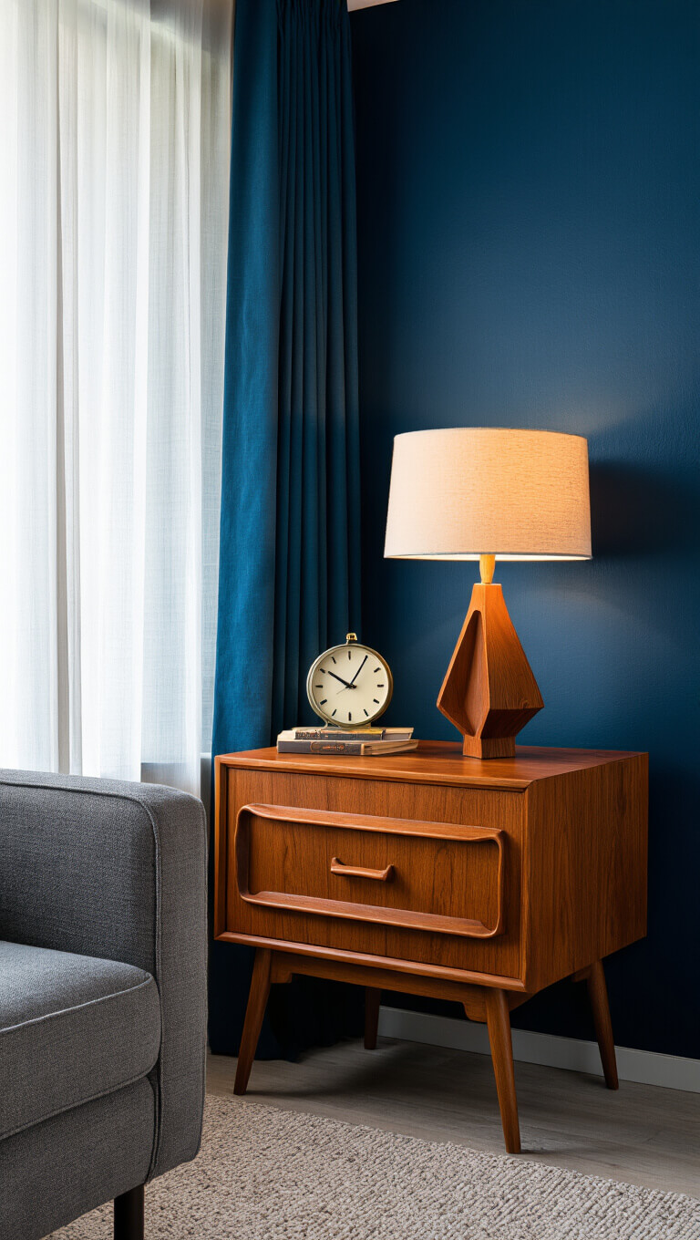 Vintage MCM nightstand in moody evening interior, teak wood glowing under dramatic lighting, styled with retro lamp, modernist clock, and curated decor against deep blue walls.
