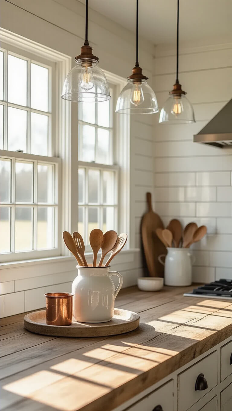 Bright farmhouse kitchen with morning sunlight, featuring weathered wood island, vintage ceramic crock with utensils, subway tile, shiplap wall, and mason jar pendant lights.