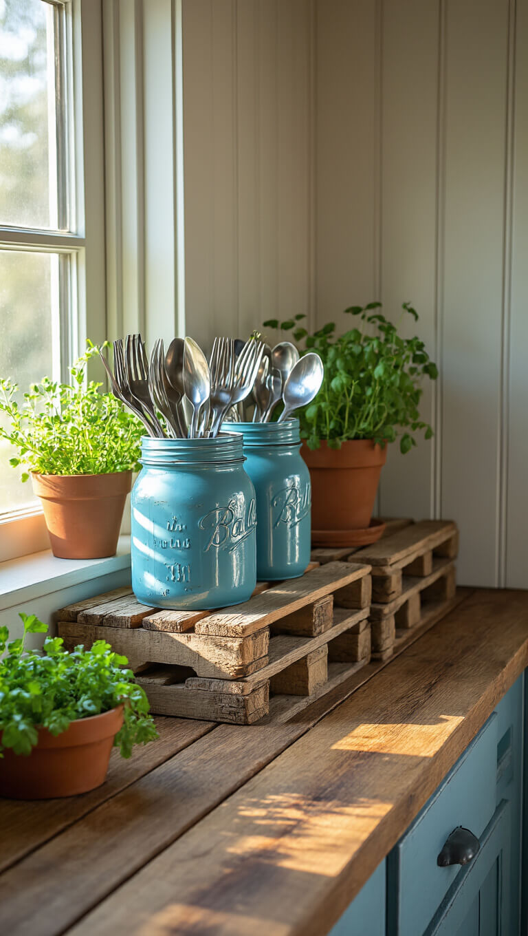 Rustic kitchen corner with golden hour light, featuring blue mason jar utensil holders on pallet wood, terracotta pots with herbs, and vintage textures in sage green and denim blue tones.