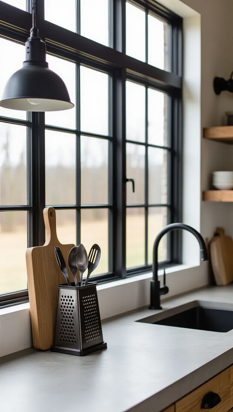 Modern farmhouse kitchen with industrial window wall, concrete countertops, and matte black utensils holder on whitewashed pine board.