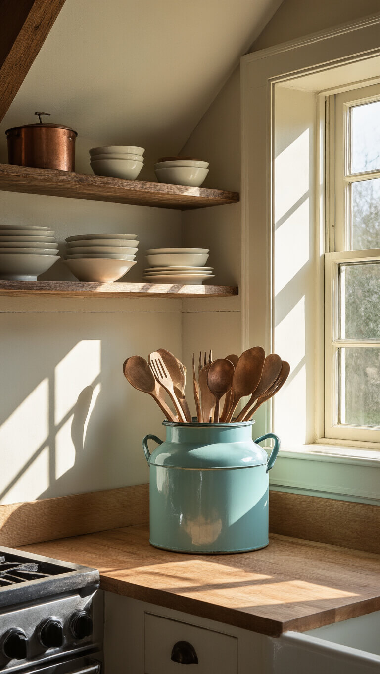 Cozy 6'x8' kitchen nook with dormer window; vintage enamelware crock in robin's egg blue holds wooden and copper utensils; dramatic mid-morning light casts shadows; open shelves display ironstone dishes; warm wood tones, cream, copper, and blue hues create a nostalgic, collected feel.