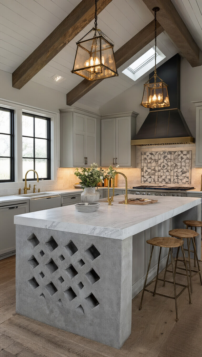 Contemporary farmhouse kitchen with cathedral ceiling, exposed beams, marble island, mixed metal and wood accents, under-cabinet and accent lighting, and concrete utensil holder with geometric patterns.